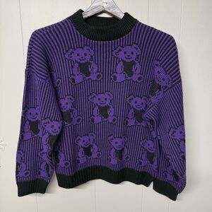Vtg Adele Knitwear Teddy Bear All Over Print Sweater USA Made Purple Women S EUC